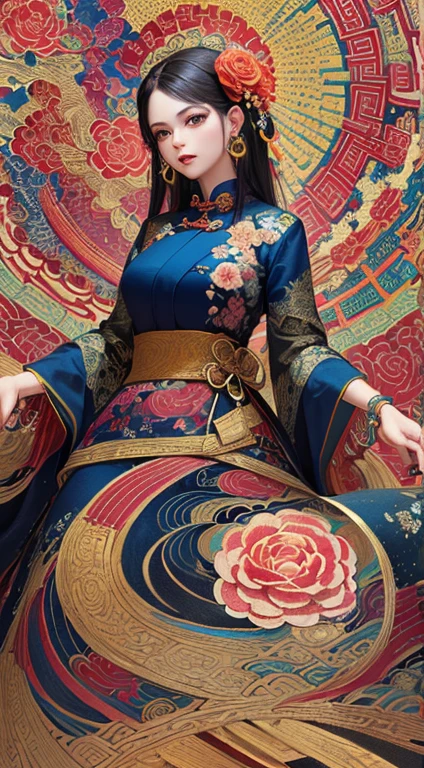 (masterpiece, Highest quality, Highest quality, Official Art, beautifully、aesthetic:1.2), (One girl:1.3), Very detailed,(Fractal Art:1.1),(colorful:1.1)(Flowers:1.3),Most detailed,(Tangled:1.2), (Dynamic pose), (Abstract background:1.3), (Chinese traditional cloth:1.2), (Shiny skin), (Many colors:1.4), ,(Earrings:1.4),