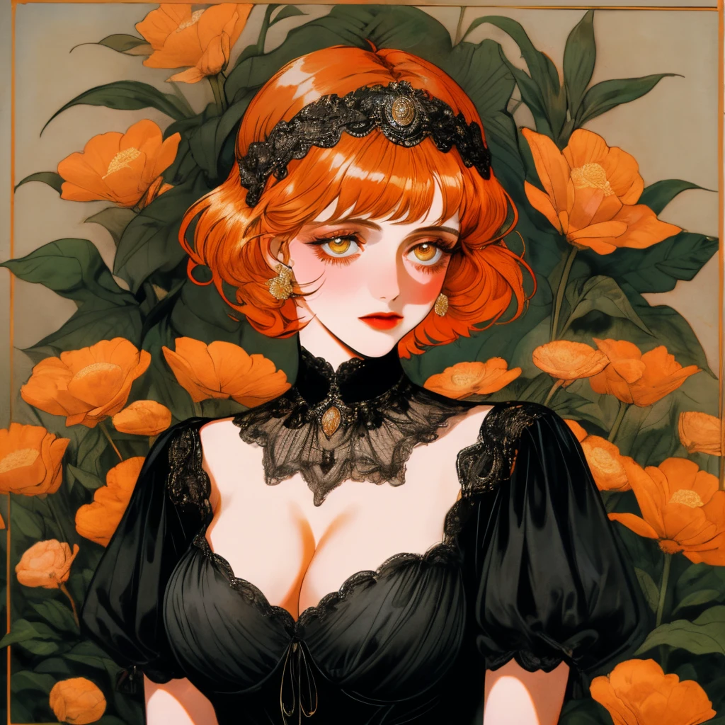 masterpiece, collage of short orange haired woman, hazel eyes, facing side slightly, show cleavage a little, wearing black dress and black flapper headband, German, 1920s, 1920s outfit, a singer, in a cruise, flower, realistic size of facial features