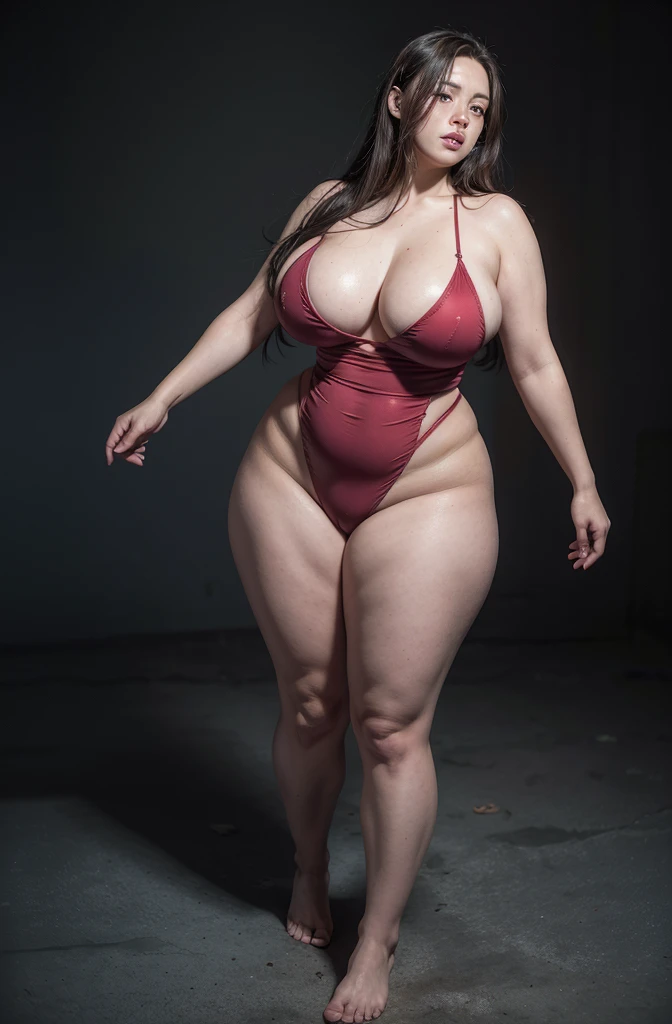 foto de uma superheroina, standing, (pink skin tone), staring overhead, eye contact, (mouth  wide open: 1,0), chubby body, Waist slender, Female One, huge and round breasts, wearing blue and red strapless leotard, (dark haired:1.2 ), venat, beautiful  face, fleshy lips, Slender Face, protruding cheekbones, brawny, No Mohrbacher artistic style, in style of peter mohrbacher.  (Thick thighs:1.2), (full body:1.5), (body shot:1.5)