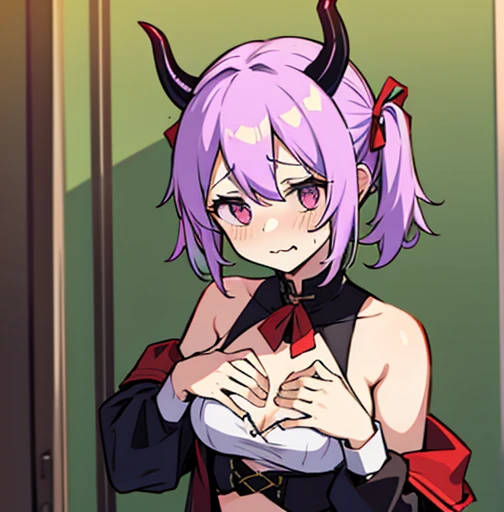 the girl in heat has two horns tied flat chest, as well as two hands on her flushed lewd face