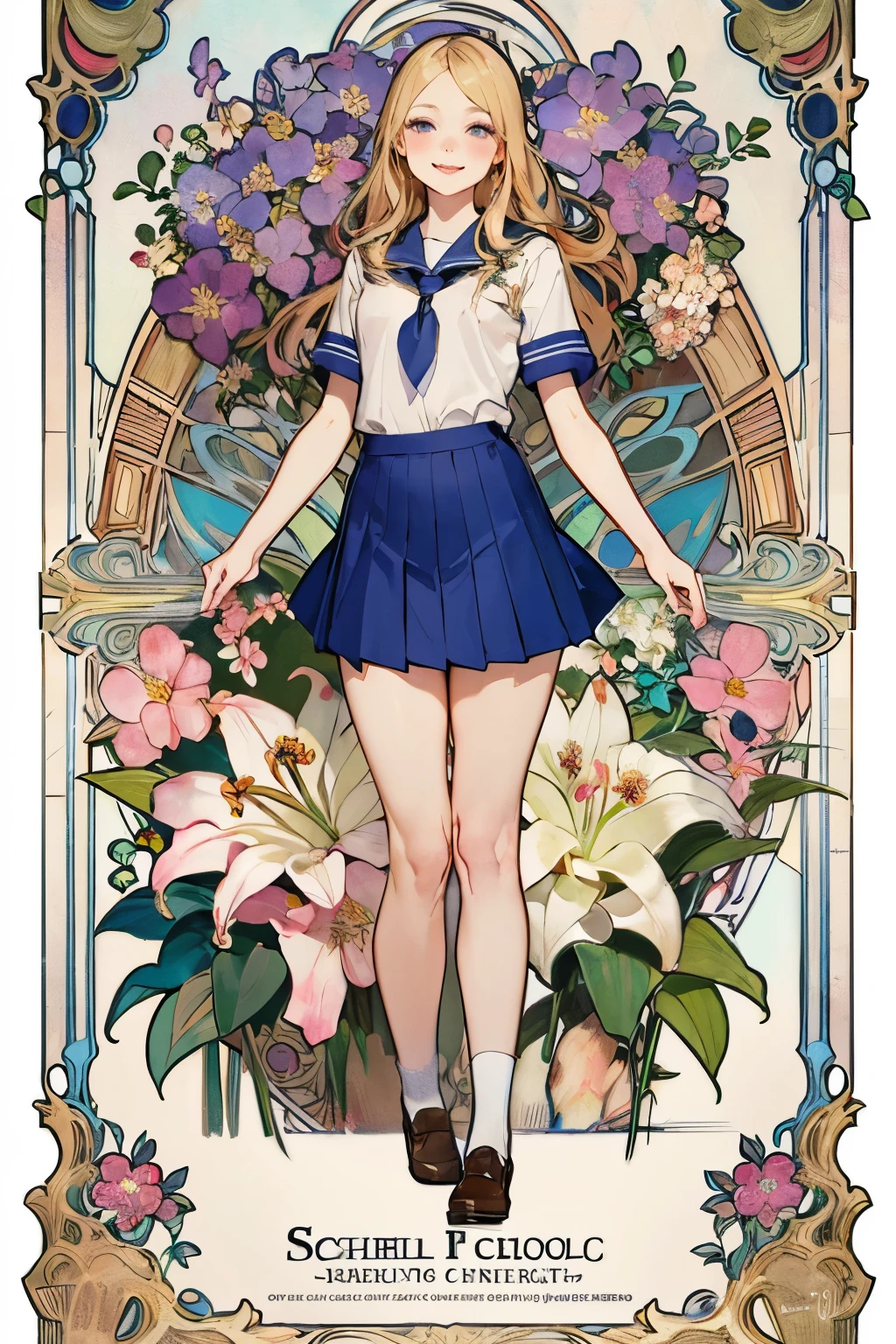 Poster,(Mucha:1.2),((Art Deco,Botanical Art,Flower Art)),(Floral:1.2),Lily flower, (masterpiece, Highest quality),(Vibrant colors,colorful),(Amazing details,Detailed Background),Anatomically correct,Accurate drawing,Detail view,Sense of luxury, Girls open clothes:1.6, Bare Belly,Blonde HairLong Hair、blush:1.5、Smiling with mouth open and tongue out、 (school uniform:1.5), Crouch on tiptoes、Fingers spreading her legs and pussy Open up、cum in pussy,