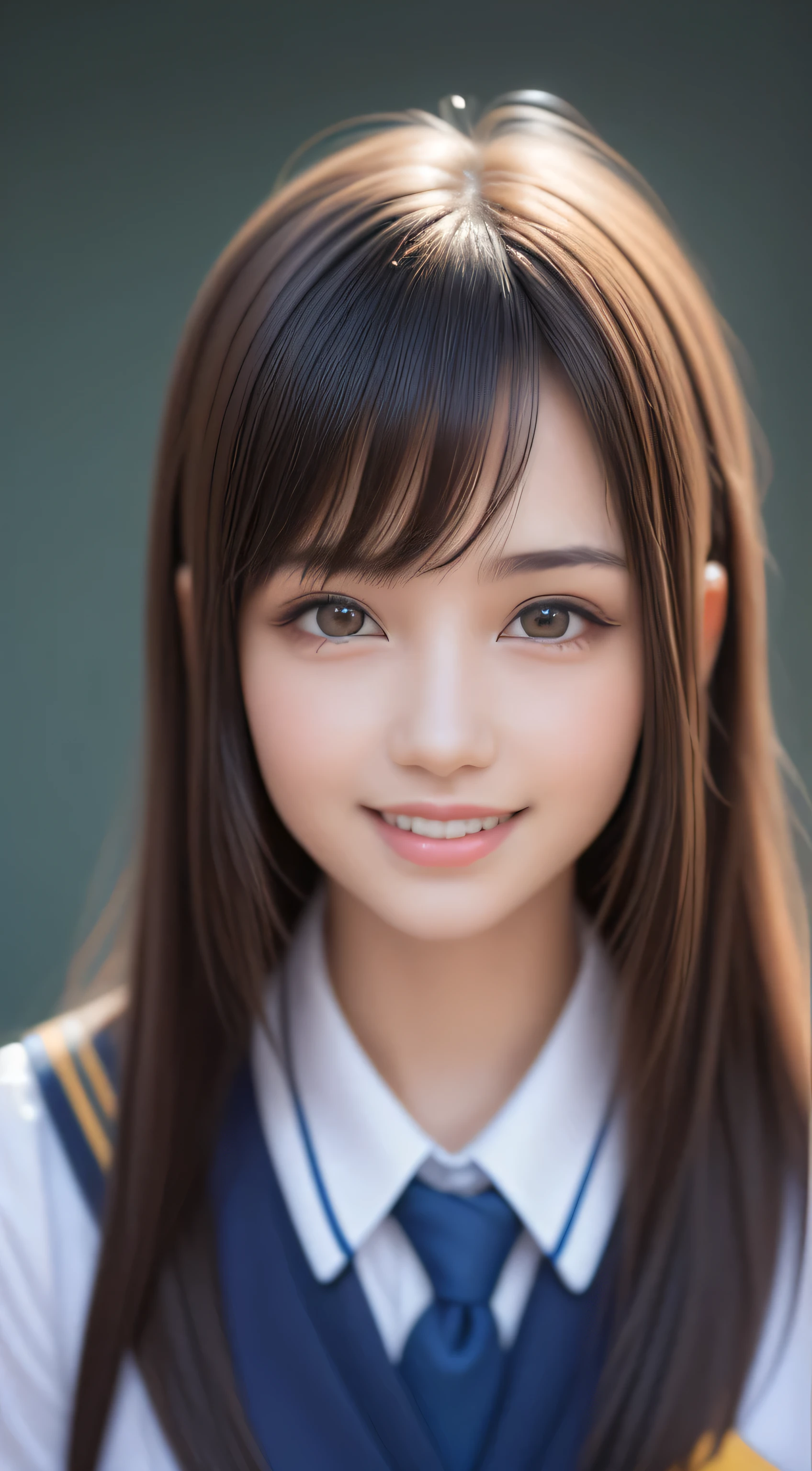 teen, 1girl in, Extremely cute, Amazing face and eyes, (Beautiful lovely smile), (extremely detailed beautiful face), bright and shiny lips, Super beautiful, (School uniform:1.3), (Best Quality:1.4), (hyper quality), (Ultra-detailed), (Hyper-realistic, Photorealsitic:1.37), Authentic skin texture, Highly detailed CG integrated 8k wallpapers, RAW Photos, professional photograpy, Cinematic lighting,