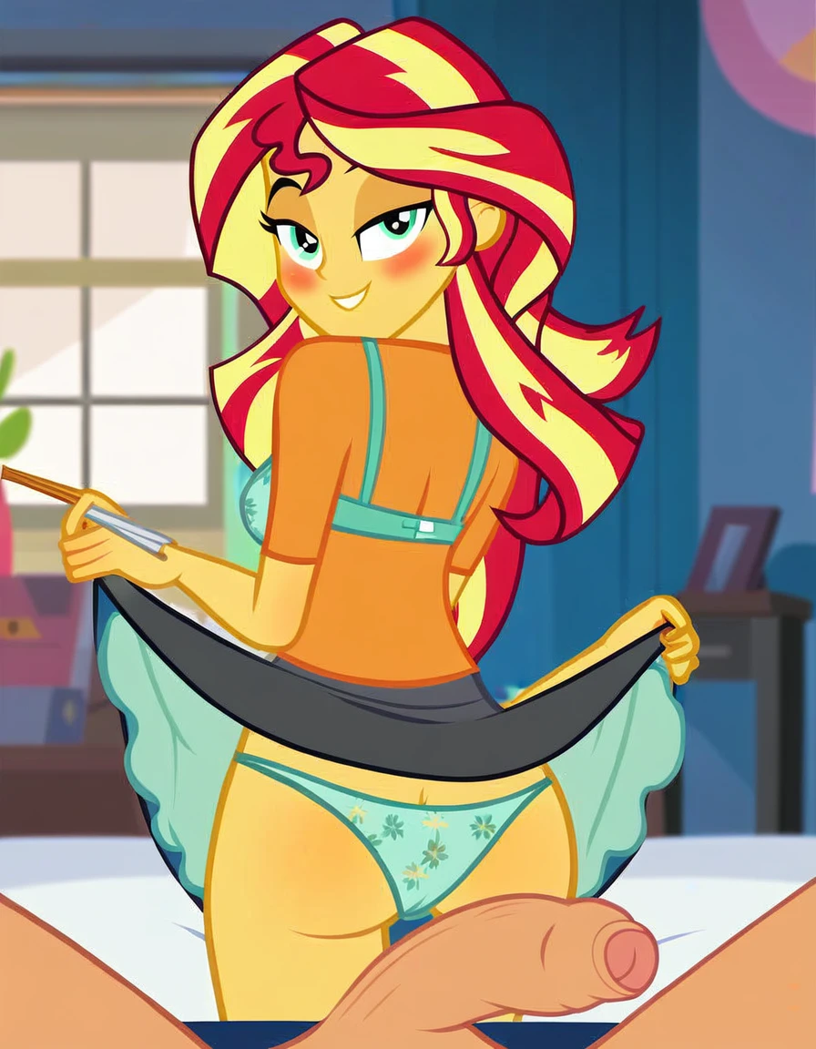 score_9, score_8_up, score_7_up, score_6_up, score_5_up, score_4_up, background sunset apartment, bedroom, sunset shimmer, equestria girls, cute, romantic, bedroom eyes, breasts, bra, female, sexy, bend over, looking back, looking at viewer, beautiful, panties, upskirt, skirt lift, shirt lift, cartoon, vector, show accurate, blushing, male pov, Sunset sticks her ass out, shapely ass, thongs panties, bikini. Male POV has a very huge and big penis, uncut penis, uncircumcised cock, foreskin, erection