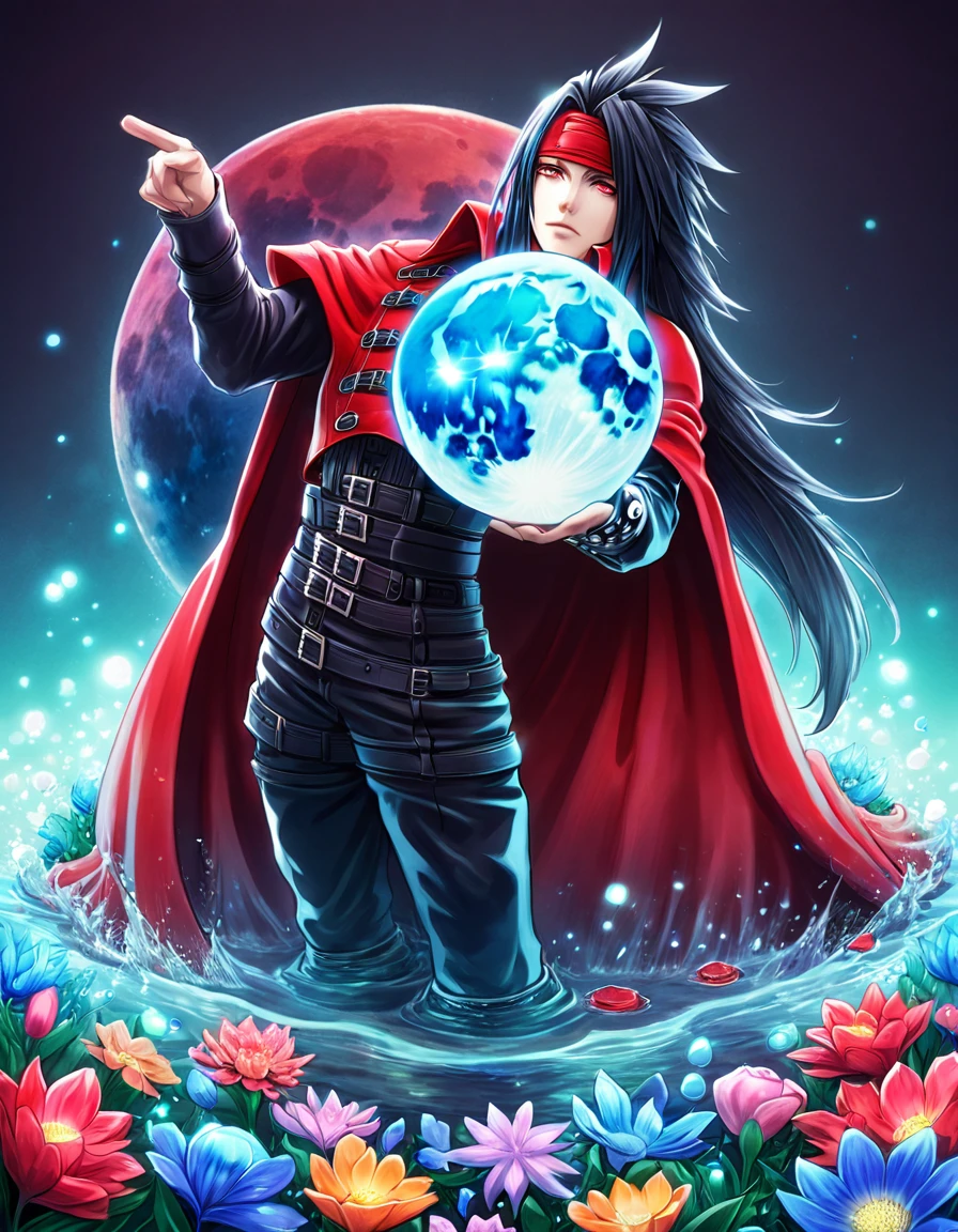 absurdres, highres, ultra detailed, HDR, master piece, Vincent Valentine, black long hair, expressive red eyes, red cape, black leather clothes, red headband, Final Fantasy VII, man, handsome, best quality, blue moon, flowers, fantasy, magical, solo, water, blue shining fireflies, blue petals,