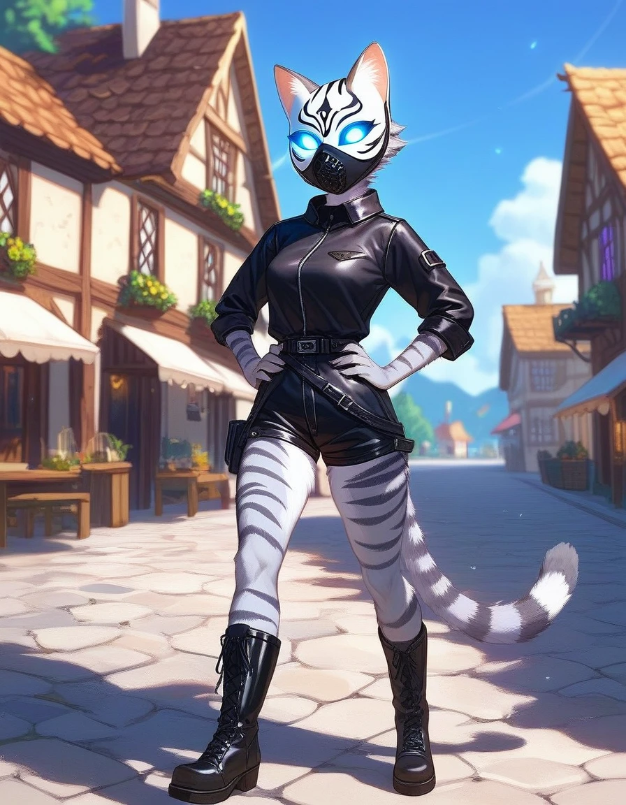 Solo, score_9,score_8_up,score_7_up, source_cartoon, kat, Anthro furry feline, female, hourglass figure, silver fur, grey stripes, furry body, wearing executioners mask, black executioners hood, , hands on hips, walking on wooden gallows, outdoors, in a village, nighttime, hands on hips, black tunic, black belt, black leather short shorts, black boots, black caplet, 