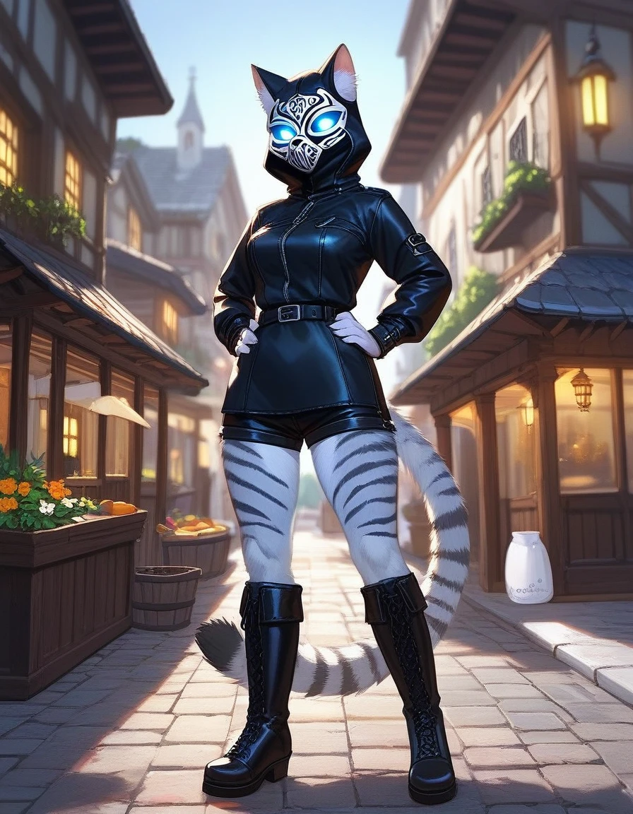 Solo, score_9,score_8_up,score_7_up, source_cartoon, kat, Anthro furry feline, female, hourglass figure, silver fur, grey stripes, furry body, wearing executioners mask, black executioners mask covering whole head, white glowing eyes, hands on hips, walking on wooden gallows, outdoors, in a village, nighttime, hands on hips, black tunic, black belt, black leather short shorts, black boots, black caplet, 