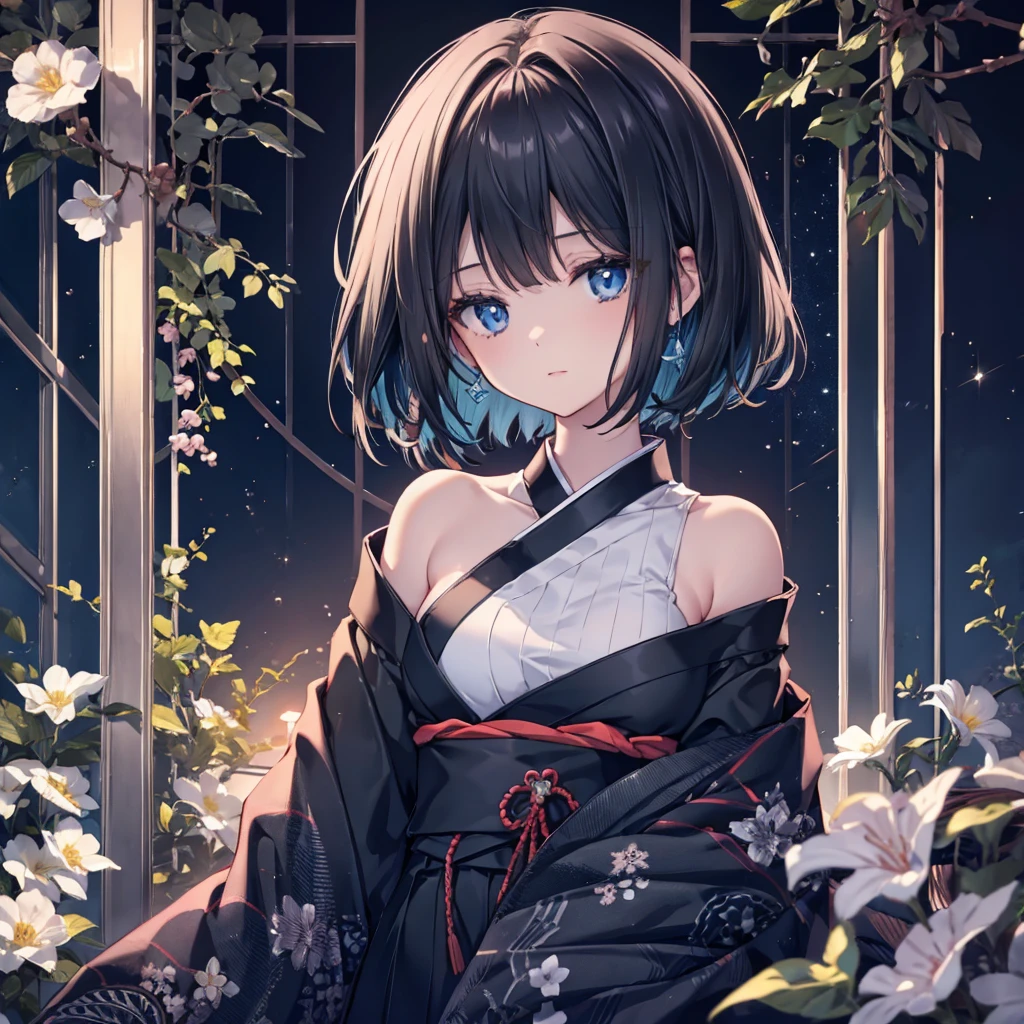 (((1 person)))　((High resolution　Black Hair　short hair　 shoulder))　((Black Band　Lonely　despair　blue eyes))　　moon　star　nude, unbuttoned clothes, beautiful girl, high school girl, kimono