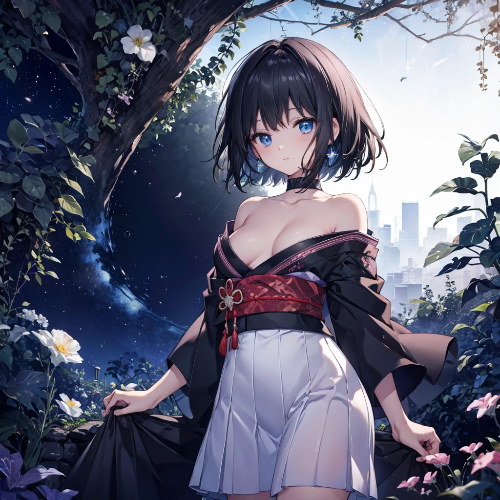 (((1 person))) ((High resolution Black Hair short hair shoulder)) ((Black Band Lonely despair blue eyes)) moon star nude, unbuttoned clothes, beautiful girl, high school girl, kimono