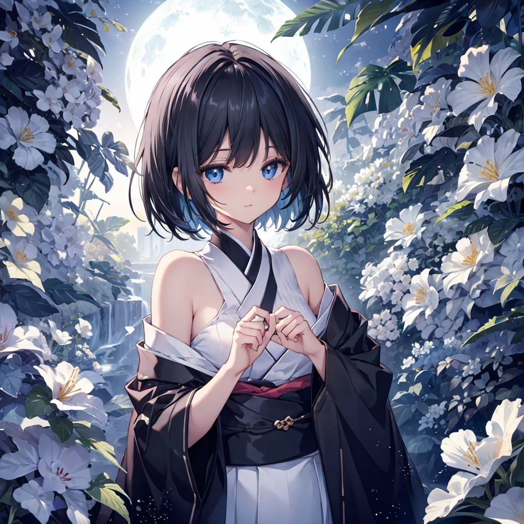 (((1 person)))　((High resolution　Black Hair　short hair　 shoulder))　((Black Band　Lonely　despair　blue eyes))　　moon　star　nude, unbuttoned clothes, beautiful girl, high school girl, kimono