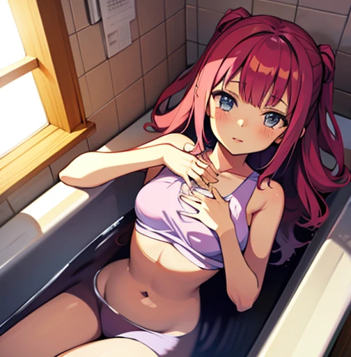 anime anime, young girl laying in the bathtub with her hand on her chest