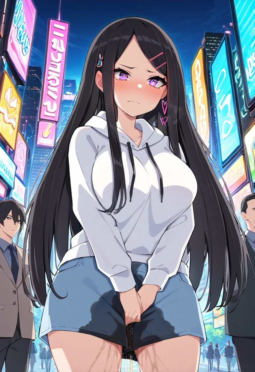 (masterpiece:1.37), best quality, (extremely detailed:1.37), (1girl:1.5), woman, (mature:1.5), (adult:1.5), large breasts, very long hair, (straight hair:1.5), (very black hair:1.5), purple eyes, (extremely detailed eyes:1.37), hoodie, jeans, desperation, (wetting self:1.5), standing, embarrassed, humiliation, blushing, angry, city, futuristic, neon lighting, high-tech, street, skyscraper
