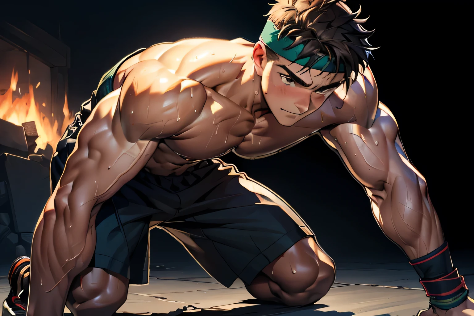 (Masterpiece, Best quality 17 year old boy, black background, ((shoot from front)), bent over), ((((solo, get knocked out, sweat, swoon, defeat, damage, groggy, fall down, buttle pose)))), Young, boy, muscler, Shirtless, (Dark Short straight hair, almost completely shaved hair, under cut, brown eyes), (red headband), ((hot Abs:1.2, big breast:1.2, upper arms, jacked muscle, beautiful musculature, aesthetic striations, inspirational physique, lean muscle, square pecs, beautiful v-taper, great abs and torso), Vivid colors, detailed face, detailed muscle, (rippling muscles, buttle)