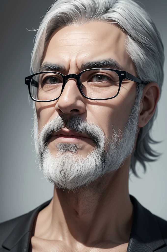 Man 48 years old, gray hair, Black glasses, eyes black. not cartoon 3d style