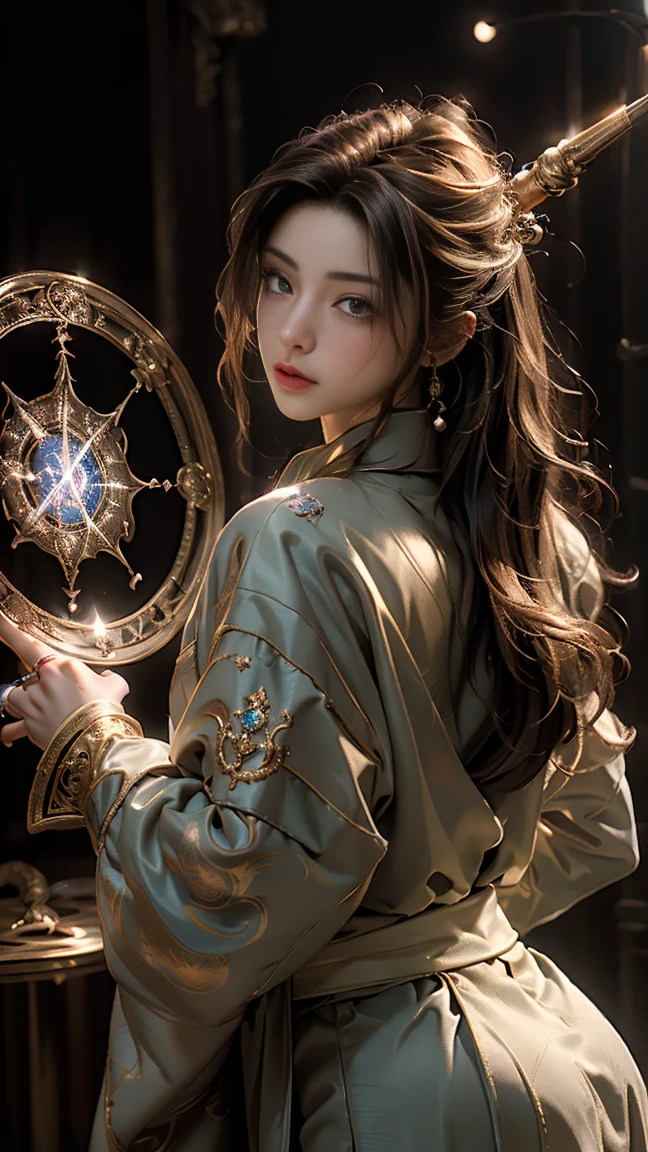 masterpiece, highest quality, Highest image quality, High resolution, photorealistic, Raw photo, 8K, back view ((young male Astrologer, magic circle in the background, giant magic maps, planet ring, big magic spell book, magic wand on hand))