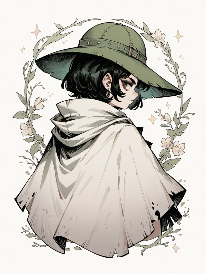 rebellious gnome woman with long pointed green hat, with short black hair and a white cloak, gothic, She has her back turned with her white cloak facing forward and looks back over her shoulders 