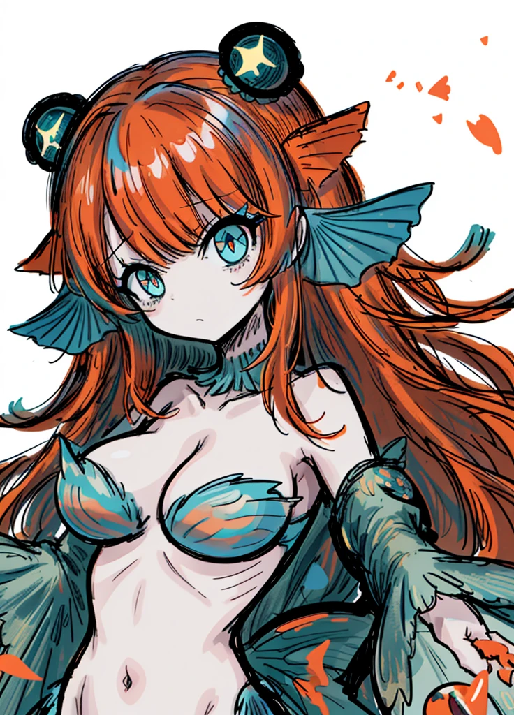 1girl ,neon orange hair,mermaid, full of gills, (mermaid tail), mermaid scales, mermaid ears, mermaid accessories , (masterpiece, best quality), full body, alone, huge breasts, happy