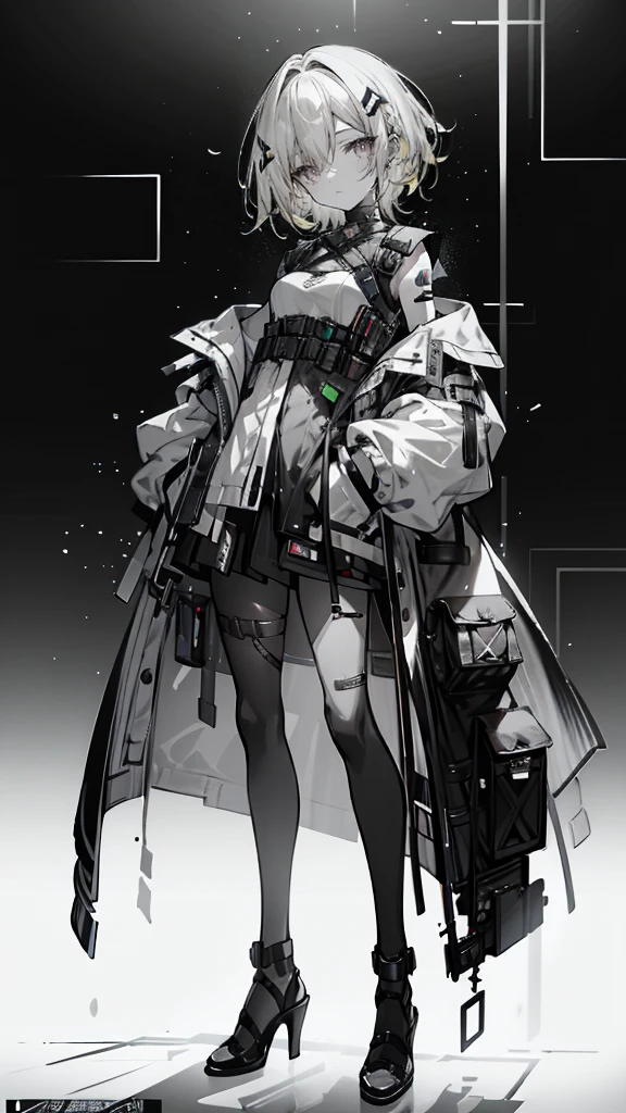 1 girl, short yellow hair, cyberpunk, Alice in Wonderland, black high heels, hand in pocket, best quality, 4k, 8k, highres, masterpiece:1.2, ultra-detailed, realistic, photorealistic, photo-realistic:1.37, HDR, UHD, studio lighting, ultra-fine painting, sharp focus, physically-based rendering, extreme detail description, professional, vivid colors, bokeh, concept art