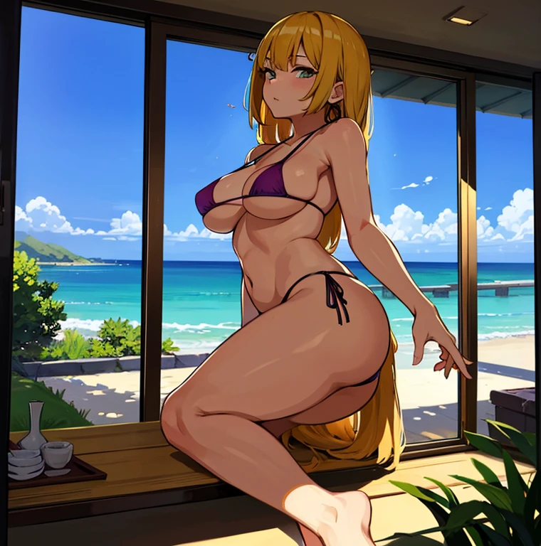 a woman posing in a lewd bikini in front of the sliding glass door of her house with it's own feet propped on the glass