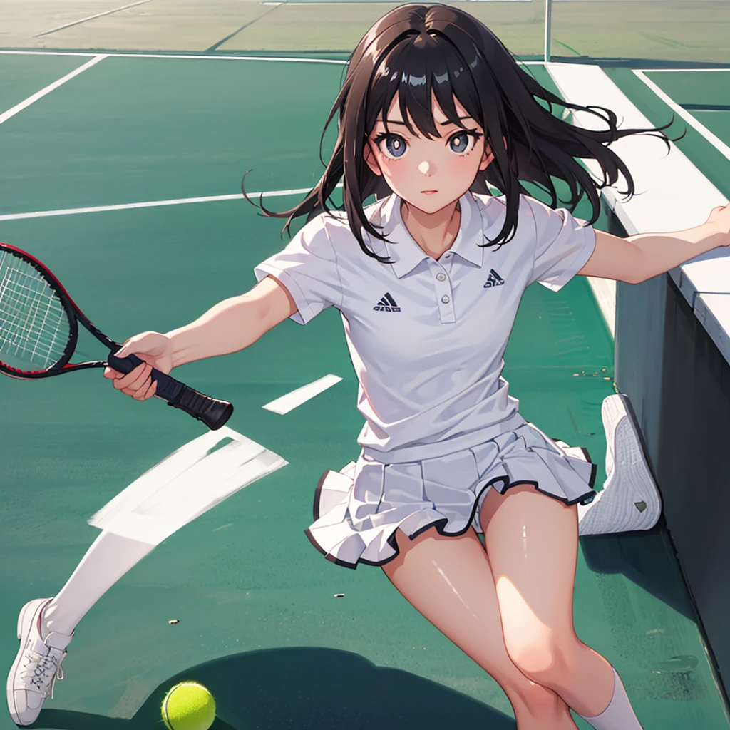 1girl in, Tennis Wear、White polo shirt, White pleated mini skirt, white panty、White Socks、White sneakerasterpaintings, best qualtiy, Photorealsitic, Ultra-detail, (shiny skins, perspired:1.4), looking at the spectator, With long black hair, black eyes,slender,dynamic light and shadow,hight resolution,Sharp Focus,depth of view,The eyes are delicate,Sharp pupils,pupil realistic,(skinny thigh:1.0),outside of house,Sky