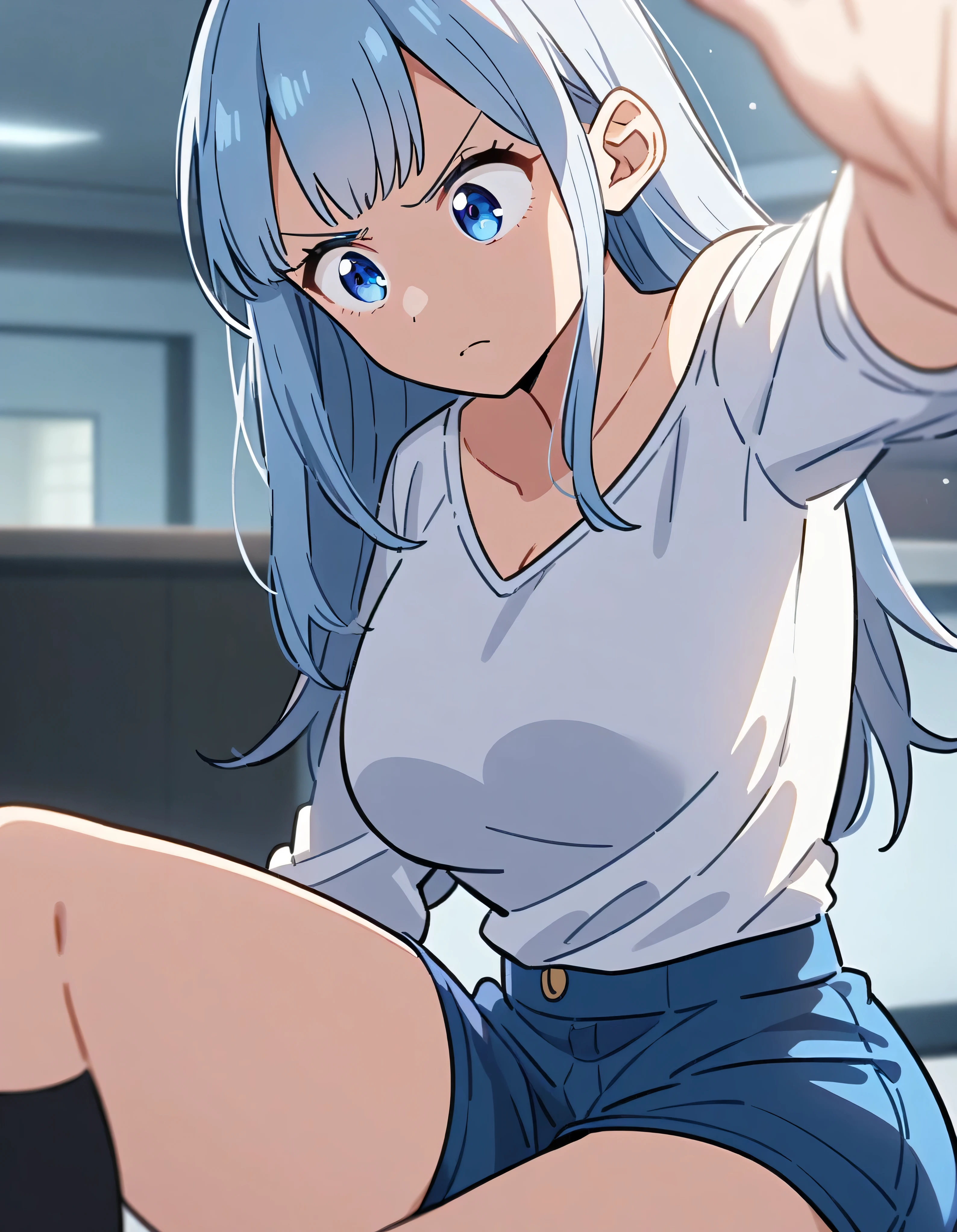 capture of adult girl from the anime Boku No Hero, long black waist-length hair, light blue eyes, simple white long-sleeved T-shirt with V-neckline, blue shorts