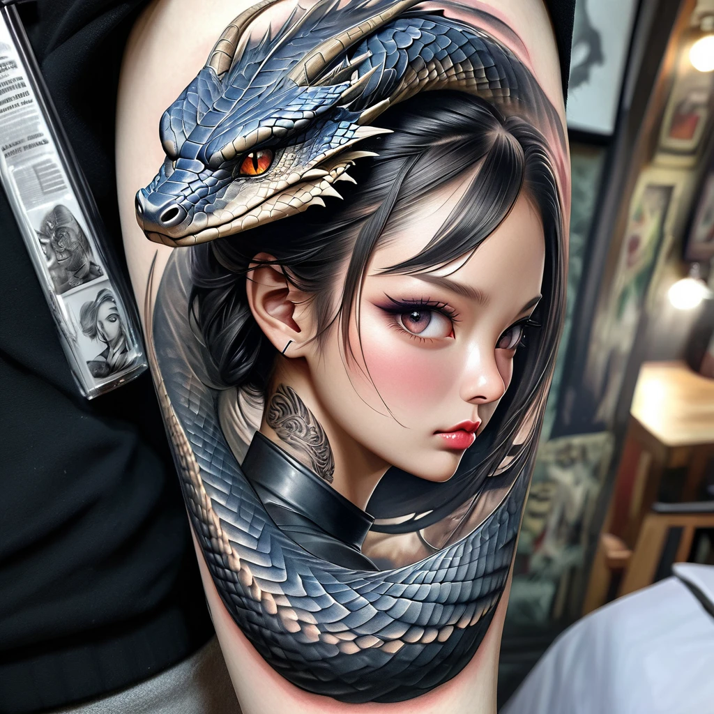 a dragon tattoo on the arm., super complex realism, Realistic intricate details, Tattoo realism, very detailed tattoo, large and detailed face, very realistic and complex, Hyperrealistic shading tattoo, Amazing detail, Ultra realistic and intricate, impressive and rich details, design de Tattoo realism, Intricate and detailed face, extremely detailed and sharp, cobra-faced lady, amazing shading