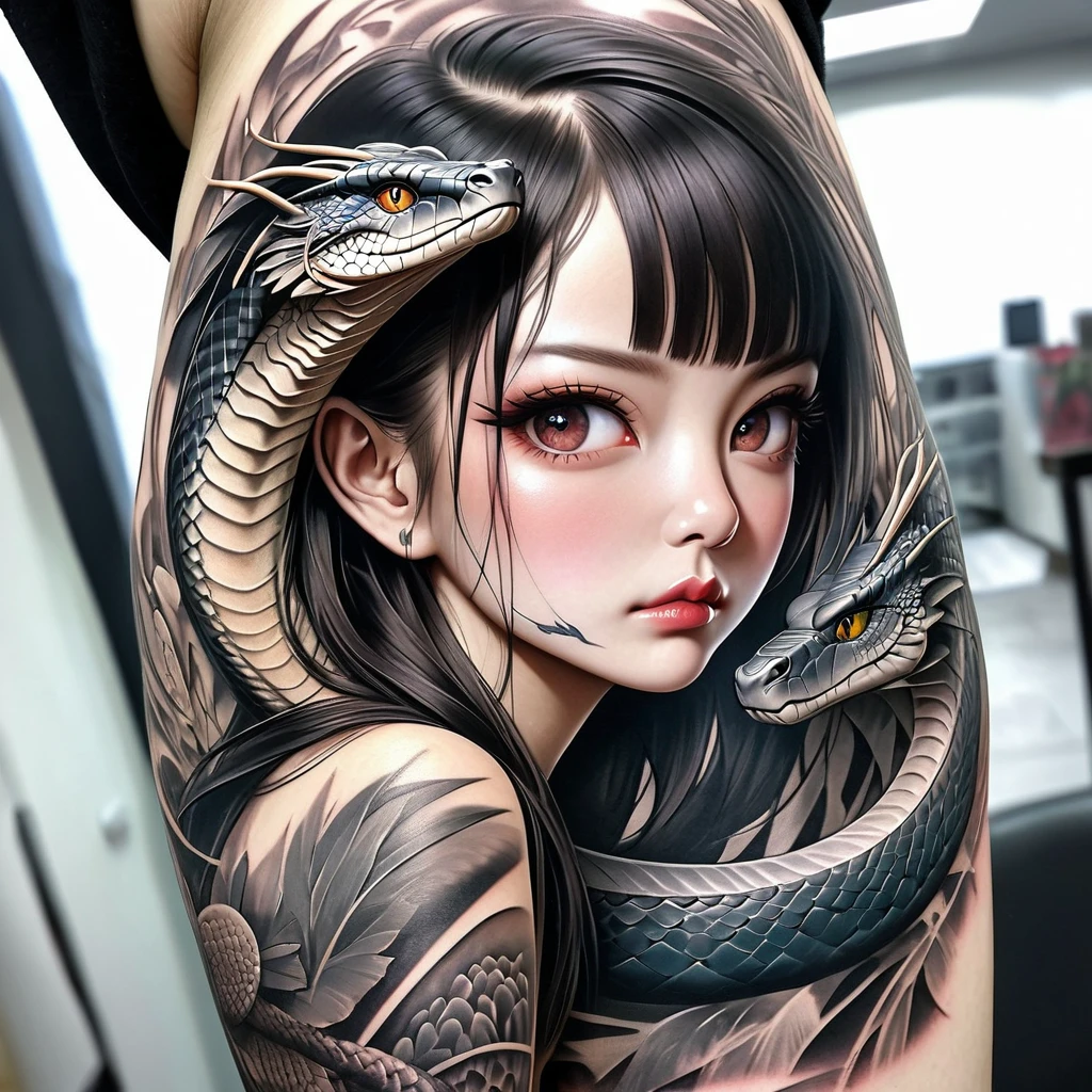 a dragon tattoo on the arm., super complex realism, Realistic intricate details, Tattoo realism, very detailed tattoo, large and detailed face, very realistic and complex, Hyperrealistic shading tattoo, Amazing detail, Ultra realistic and intricate, impressive and rich details, design de Tattoo realism, Intricate and detailed face, extremely detailed and sharp, cobra-faced lady, amazing shading