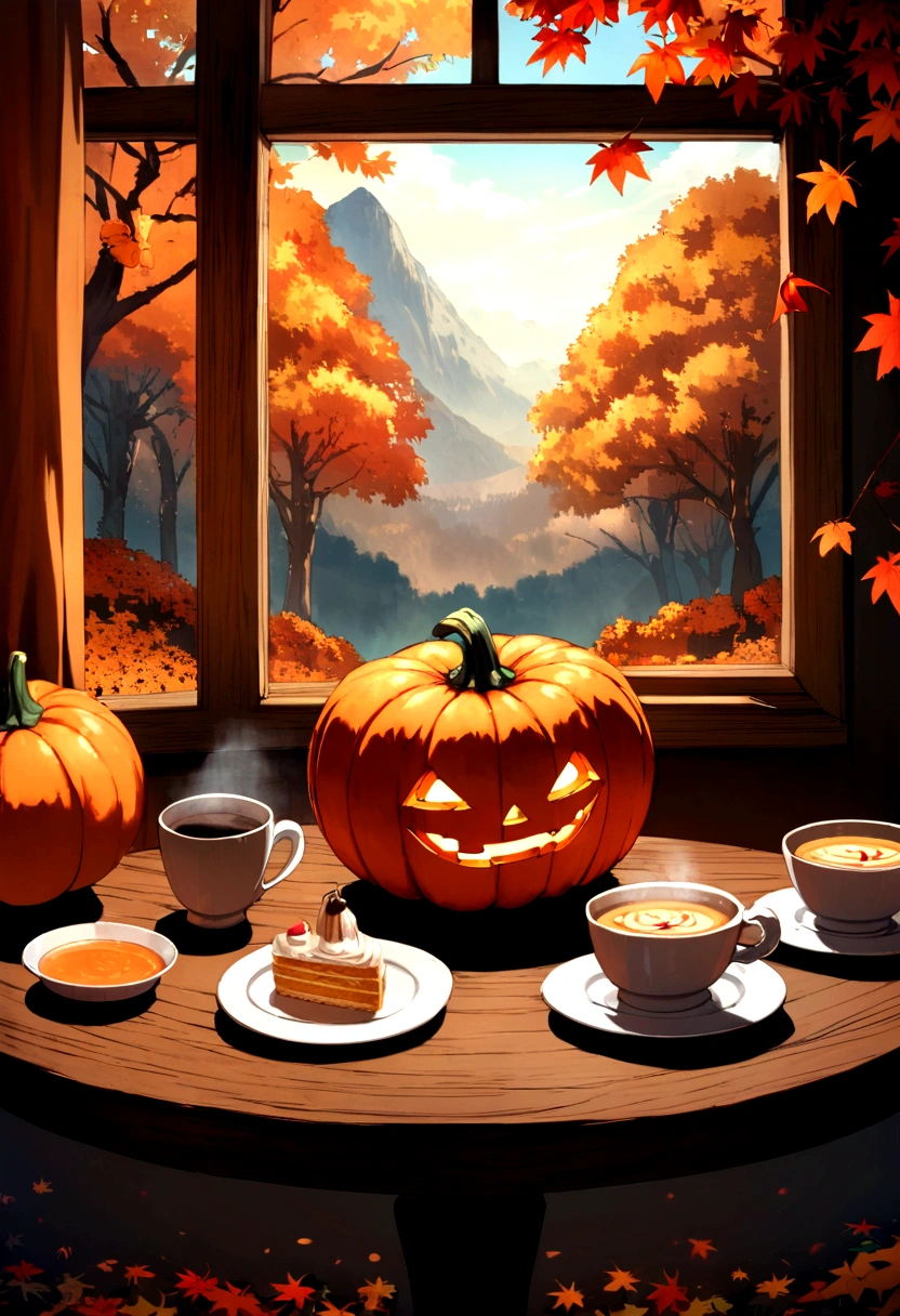 Halloween Pumpkin soup coffee cake Wooden table Outside the window is a forest of autumn leaves No people No characters needed Landscape only Real