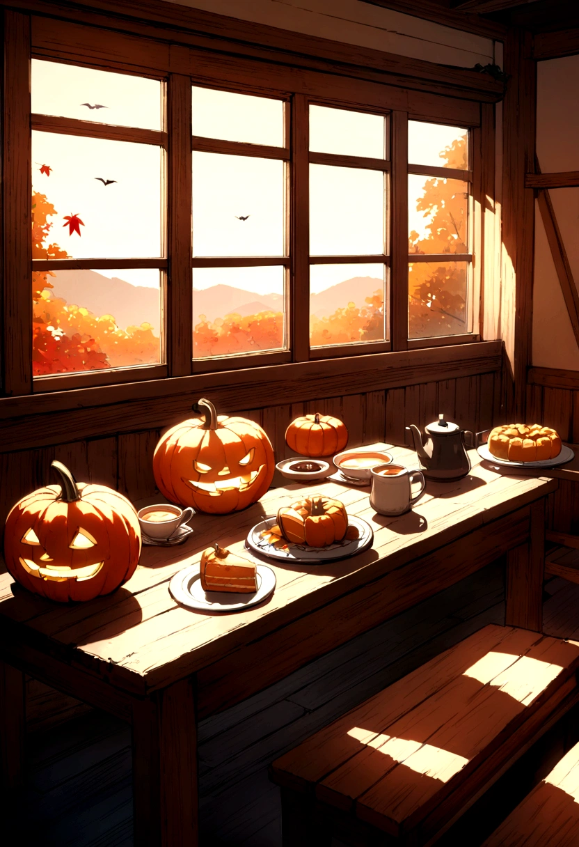 Halloween　Pumpkin soup　coffee　cake　Wooden table　Outside the window is a forest of autumn leaves　No people　No characters needed　Landscape only　Real