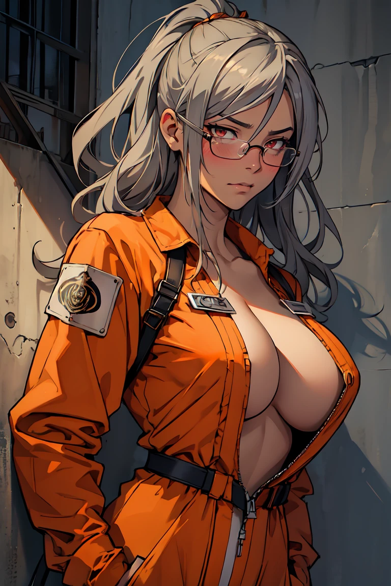 ((Masterpiece, of the highest quality; 1.3)), super quality, Beautiful detail, super detailed, extra fine, 16k, exquisite, absurd, high resolution, beautiful background, detailed background, pretty eyes, beautiful fur, animated style, 1 female, Alone, Angle from front, (((Class D Prisoner, orange jumpsuit, character portrait, high resolution, Detailed texture, realistic shadow, Stylized prison tattoos all over the body.:1.5, gloomy presentation, scarred face, rough fur, the atmosphere is cold, dark cell, Metal bars in the background., intense, expressive, dramatic, Masterpiece:1.0))), (((She is naked and wearing an orange jumpsuit.:1.5))), ((Has a nameplate:1.5)), ((Huge old that hang heavy:1.5)), neckline, Huge nipples covered, camel toe, musashi_kantaiccollection, Dark-furned_female, Dark_fur, glasses, long_Hair, Hair_in between_eyes, old, Big_old, White_Hair, two tails, Brown_eyes, red_eyes, blush, semi-rimless_glasses, negro_nails, gray_Hair, anger:1.1, dissatisfied look:1.1, orange jumpsuitを着たprisoner, with tags "Class D" Featured on the chest., Pose confidently for a person portrait.. 鮮明な画像がhigh resolutionでレンダリングされます, 精巧に描かれた質感とrealistic shadow. prisoner