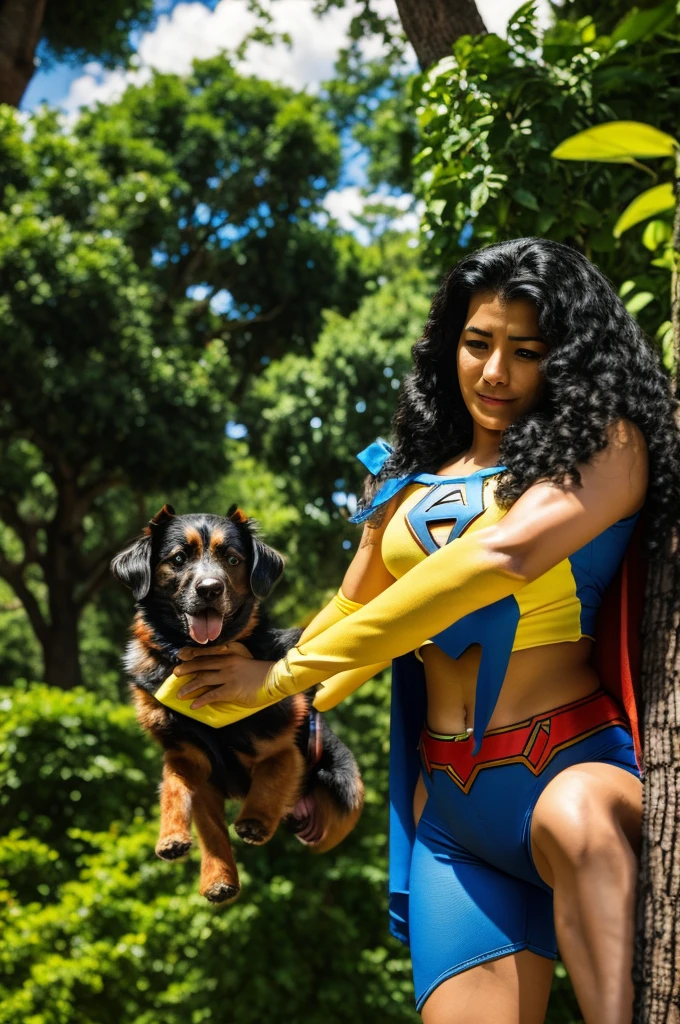 A colombian superhero saving a dog from a tree 