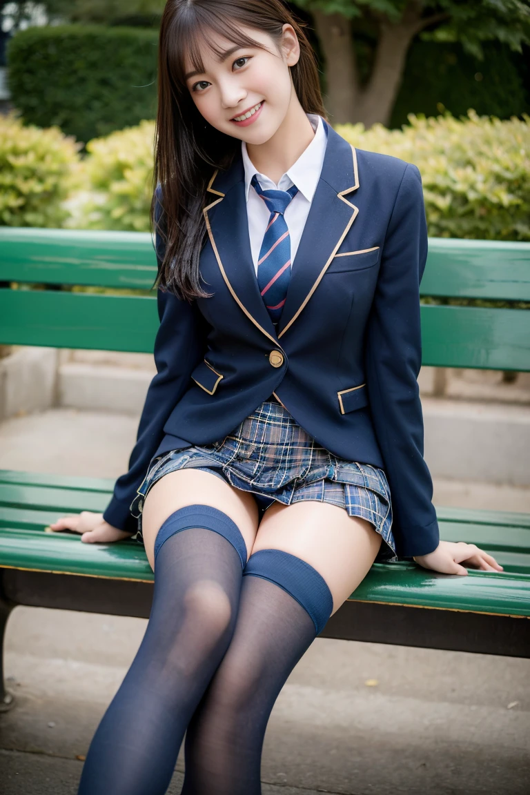 (8K), (highest quality: 1.2), (Realistic), (Realistic: 1.37), Ultra-high resolution, 1 girl, cute, (Embarrassed smile:1.2), (Blushing:1.4),Mouth closed, Beautiful details, Beautiful Nose, Wet Hair,bangs, giant dulcefo, pork, Thighs,Navel exposed,University Student Uniform,A simple blazer,Pleated skirt,(The skirt and tie are tartan check pattern.:1.3),Platform boots,(Navy blue knee socks:1.2), (sitting on a park bench:1.2),(Shiny Thighs:1.2), medium shot