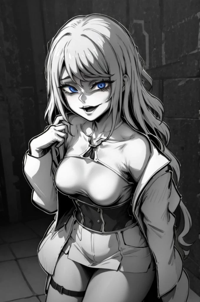 From_brlow, edgGesugao facial expression, curvy blue eyed girl with long wavy black hair and small breasts