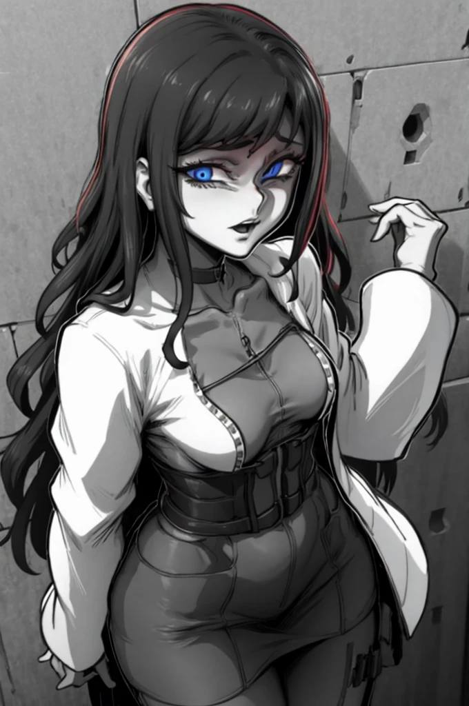 From_brlow, edgGesugao facial expression, curvy blue eyed girl with long wavy black hair and small breasts