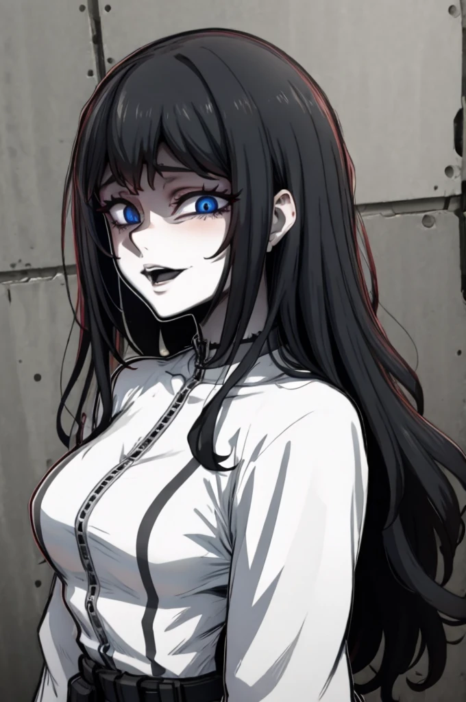 From_brlow, edgGesugao facial expression, curvy blue eyed girl with long wavy black hair and small breasts 