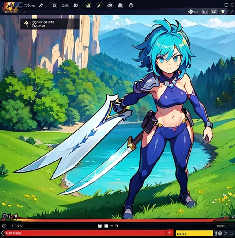 an animated character is in the background of a video game screener and an image of a girl in an with a sword on her shoulder and her breasts spread out