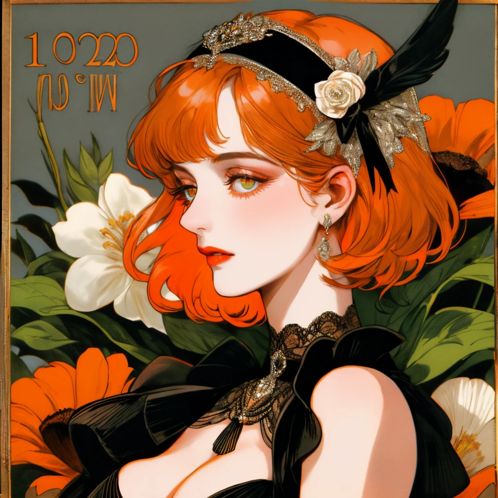 masterpiece, collage of short orange haired woman, hazel eyes, facing side slightly, show cleavage a little, wearing black dress and black flapper headband, German, 1920s, 1920s outfit, a singer, in a cruise, flower, realistic size of facial features