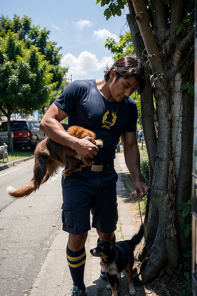 A 40 year old colombian superhero saving a dog from a tree 