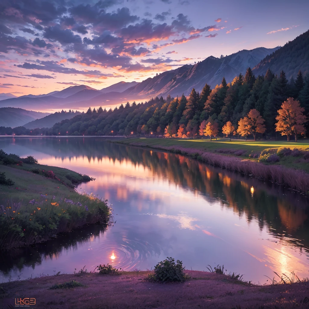 A beautiful purple sky, dramatic sunset, glowing clouds, detailed landscape, rolling hills, lush greenery, serene lake, reflection, dramatic lighting, painterly style, vibrant colors, photorealistic, 8k, high quality, masterpiece