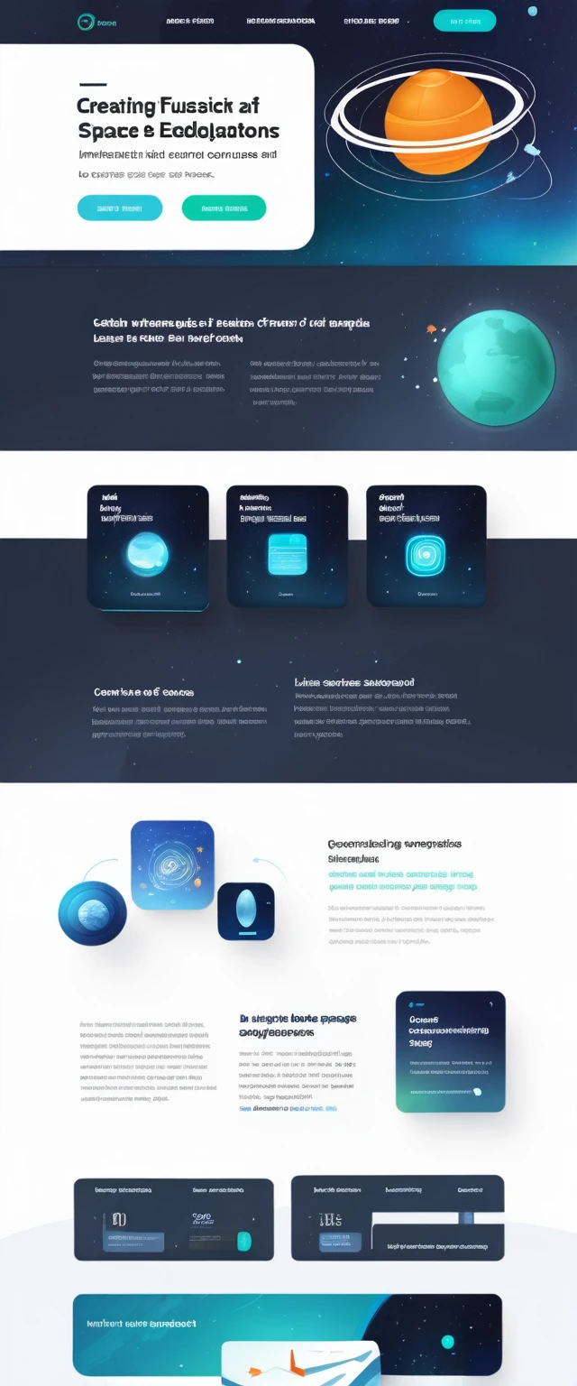 A futuristic and sleek website interface for space education courses. Dark background resembling deep space, with subtle twinkling stars. Dominant colors are deep blue, black, and accents of bright teal and warm orange. The main area features a 3D interactive model of space station that appears to float above the page. surrounding this are minimalist card layouts for different course categories, each with a small icon representing topics like Astronomy, Astrophysics, and Space Engineering. The top of the page has a slim header with a telescope-shaped search bar. Crisp, modern typography in white contrasts against the dark background. A sidebar shows glimpses of course content with high-quality space imagery. The overall aesthetic balances professional education with the wonder of space exploration, creating an immersive and cutting-edge digital learning environment.