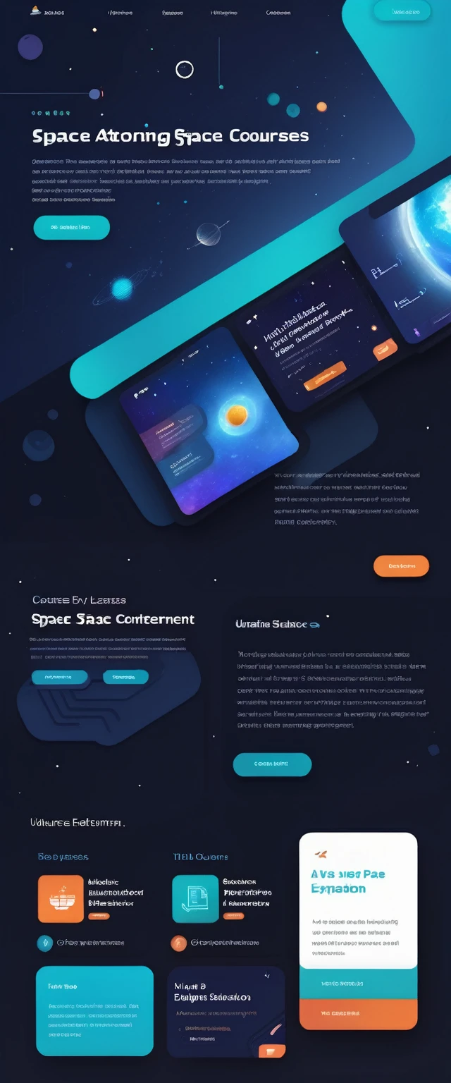 A futuristic and sleek website interface for space education courses. Dark background resembling deep space, with subtle twinkling stars. Dominant colors are deep blue, black, and accents of bright teal and warm orange. The main area features a 3D interactive model of space station that appears to float above the page. surrounding this are minimalist card layouts for different course categories, each with a small icon representing topics like Astronomy, Astrophysics, and Space Engineering. The top of the page has a slim header with a telescope-shaped search bar. Crisp, modern typography in white contrasts against the dark background. A sidebar shows glimpses of course content with high-quality space imagery. The overall aesthetic balances professional education with the wonder of space exploration, creating an immersive and cutting-edge digital learning environment.