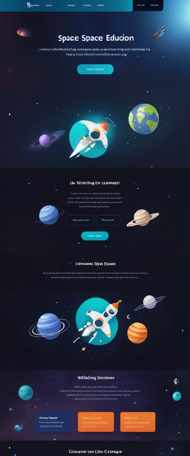 A futuristic and sleek website interface for space education courses. Dark background resembling deep space, with subtle twinkling stars. Dominant colors are deep blue, black, and accents of bright teal and warm orange. The main area features a 3D interactive model of space station that appears to float above the page. surrounding this are minimalist card layouts for different course categories, each with a small icon representing topics like Astronomy, Astrophysics, and Space Engineering. The top of the page has a slim header with a telescope-shaped search bar. Crisp, modern typography in white contrasts against the dark background. A sidebar shows glimpses of course content with high-quality space imagery. The overall aesthetic balances professional education with the wonder of space exploration, creating an immersive and cutting-edge digital learning environment.