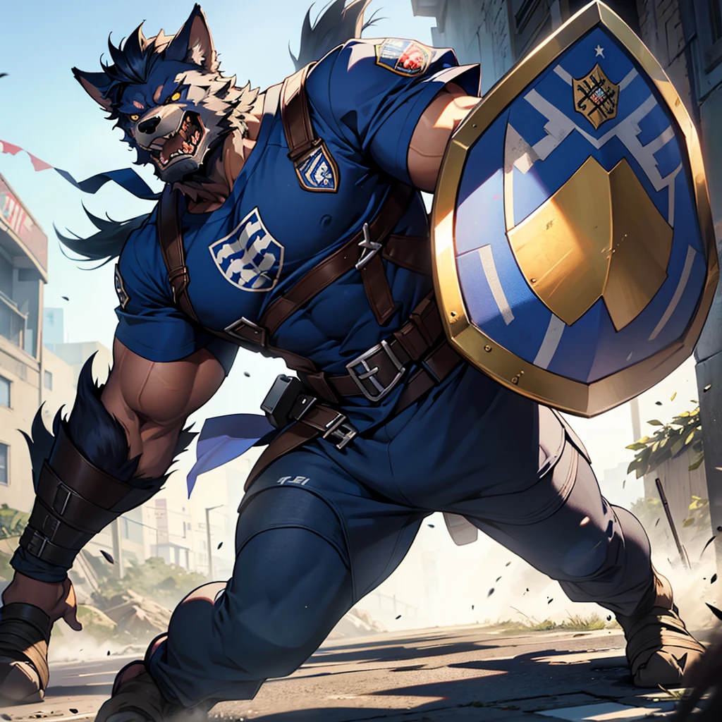 Strong werewolf in front of a battle shield, underneath the shield written " SPR FUTEBOL CLUB "