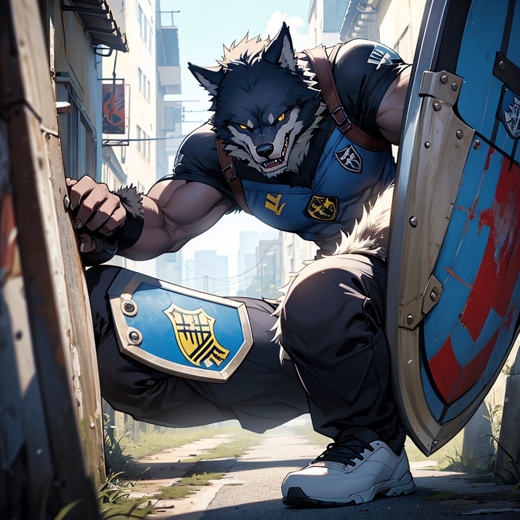 Strong werewolf in front of a battle shield, underneath the shield written " SPR FUTEBOL CLUB "