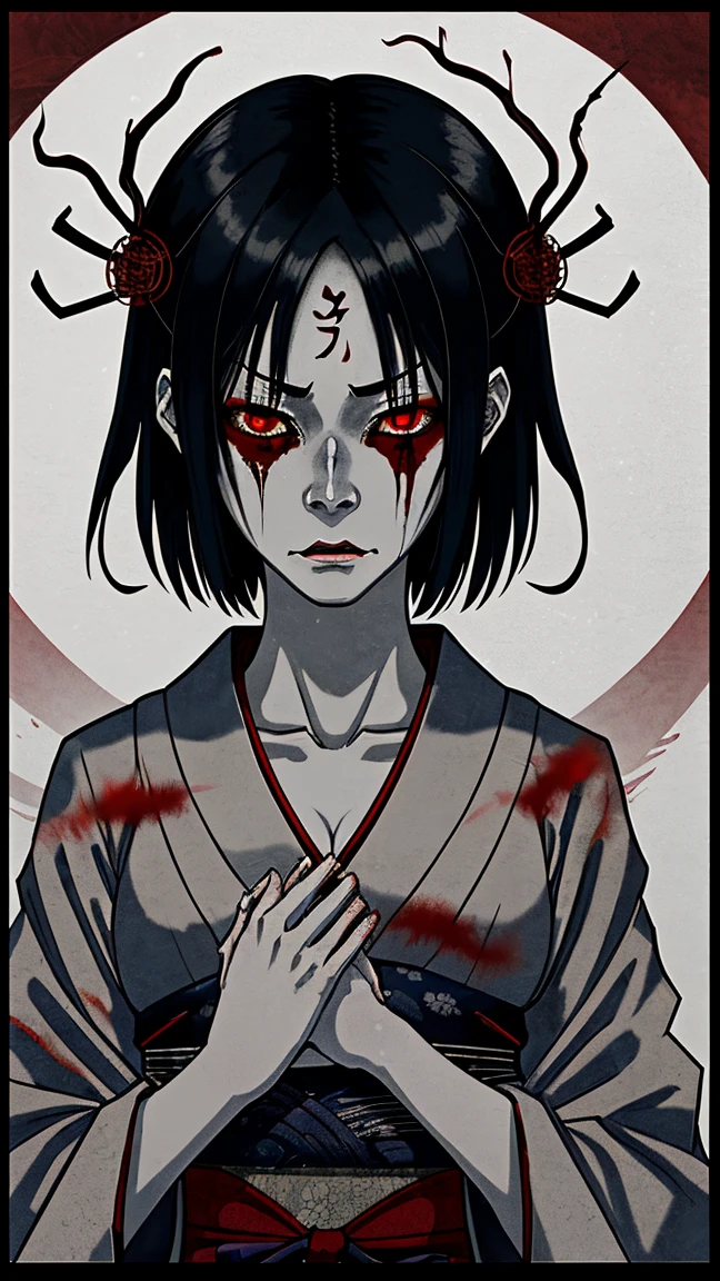A ghostly depiction of Oiwa, a betrayed woman turned vengeful spirit from Yotsuya Kaidan. She has a distorted, haunting face and wears traditional Japanese attire. The background is a dark, eerie setting with a hint of supernatural elements, evoking a sense of fear and revenge.
