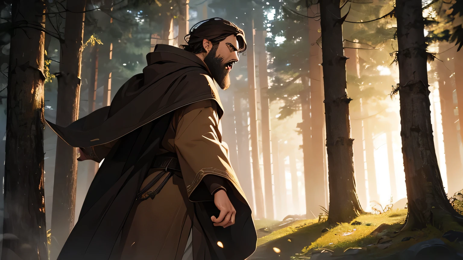 man with dark brown beard, long dark brown hair, light yellow-brown eyes and dark brown and light brown tunic from the 4th century BC. C., with a light brown cloak, about 50 years old,screaming screaming scared, mouth open and expression of fear in a dark and mysterious forest at night, movement scene in the forest, changing lighting, hyperrealistic, cinematic lighting, back view
