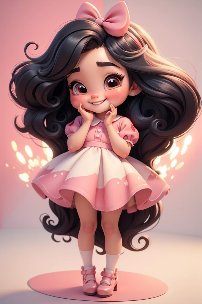 3d illustration, pixar style, cute chibi, baby girl adriana lima, black hair, long hair, red bow in hair, dress red with black with white dots, bright eyes, big eyelash, pink cheeks, happy, smiling, glitter, white socks, red high heels shoes, exuberant, fantastic, cute pose, wonderful, white background, clean solid background, hq, 8k, masterpiece