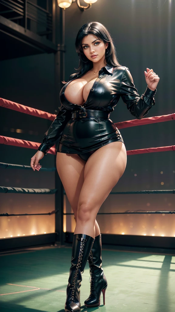 (best quality, masterpiece, colorful, highest detailed), (photorealistic:1.2), raw photo, ((busty thicc Denise Milani:1.2)), ((jet-black hair)), (green eyes), (black leather long-sleeved formal shirt, buttoned up), (black leather pleated skirt), (tiny waist), ((thicc:1.3)), ((thick thighs:1.3)), ((short stiletto-heeled combat boots)), posing in a boxing ring, (vibrant color), (intricate details), (dynamic angle), exposure blend, bokeh, dim light, (hdr:1.4), high contrast, (muted colors, dim colors, soothing tones:1.3), low saturation,