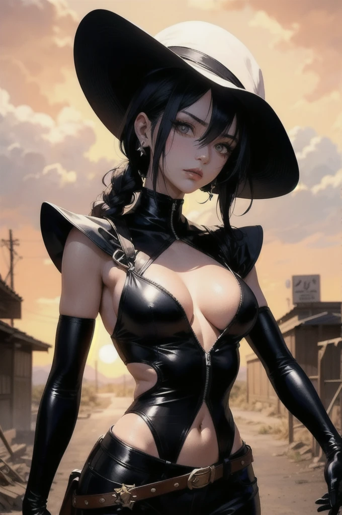 "A badass monstergirl woman gunslinger, (bold and fearless), wielding (Powerful:1.1) guns in her hands, stands tall in a desolate western town. (eye: intense and piercing), sheは武器の照準器を見つめる, (Sharp focus:1.1) sheのeye標は. she face bears a determined expression, and (美しい細部まinこだわったeye) and (Beautiful lip detail) conveying both strength and vulnerability. she (Long eyelashes) flutter in the wind as she prepares to unleash her fury.
The scene is set against a backdrop of (scorching hot:1.1) desert sands, and dilapidated wooden buildings and tumbleweeds scattered across the barren landscape. The wind howls through the empty streets, adding an eerie atmosphere to the encounter. The gunslinger's attire consists of a (Shabby:0.9) leather duster and a wide-brimmed hat, casting a shadow that hides her eyes in mystery.
As the sun begins to set, casting a (Golden shades) Beyond the Horizon, the gunslinger's silhouette becomes even more striking. The lighting accentuates the creases on her weathered face, revealing the scars and battles she has endured. The play of light and shadow creates a dramatic and (cinematic quality) to the scene.
The gunslinger's monstergirl features are carefully depicted, and (Exquisite detail) showcasing her unique characteristics. she skin bears intricate patterns, resembling scales, and her ears are pointed, signifying her otherworldly nature. This fusion of human and fantastical elements adds an element of intrigue and adds to her aura of power.
The colors in the image are vibrant and (bold), and a mix of warm tones that reflect the intensity of the setting sun. The contrast between the vivid hues and the dusty, The muted colors of the environment enhance the overall impact of the scene..
Embodying the essence of (Western Legends) and the strength of a monstergirl, this gunslinger stands as a symbol of resilience and determination. 注eyeは (ultra-fine painting) and (Very detailed explanation) in
