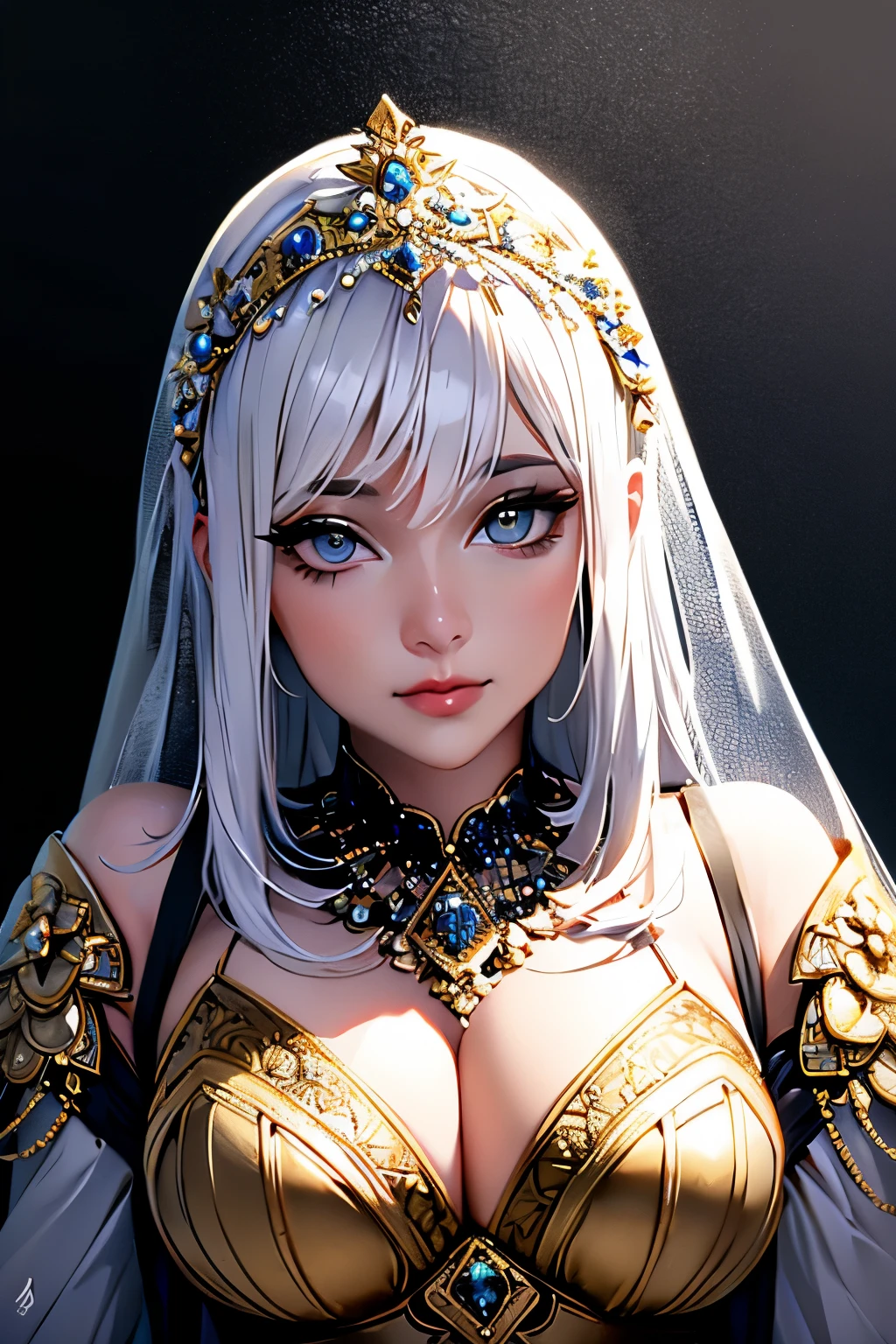 a chubby elegant woman in a white and gold veil covering her eyes, fingers on her lips, long silver nails, black background, photo-realistic, high quality, intricate details, oil painting, dramatic lighting, muted colors, mysterious atmosphere