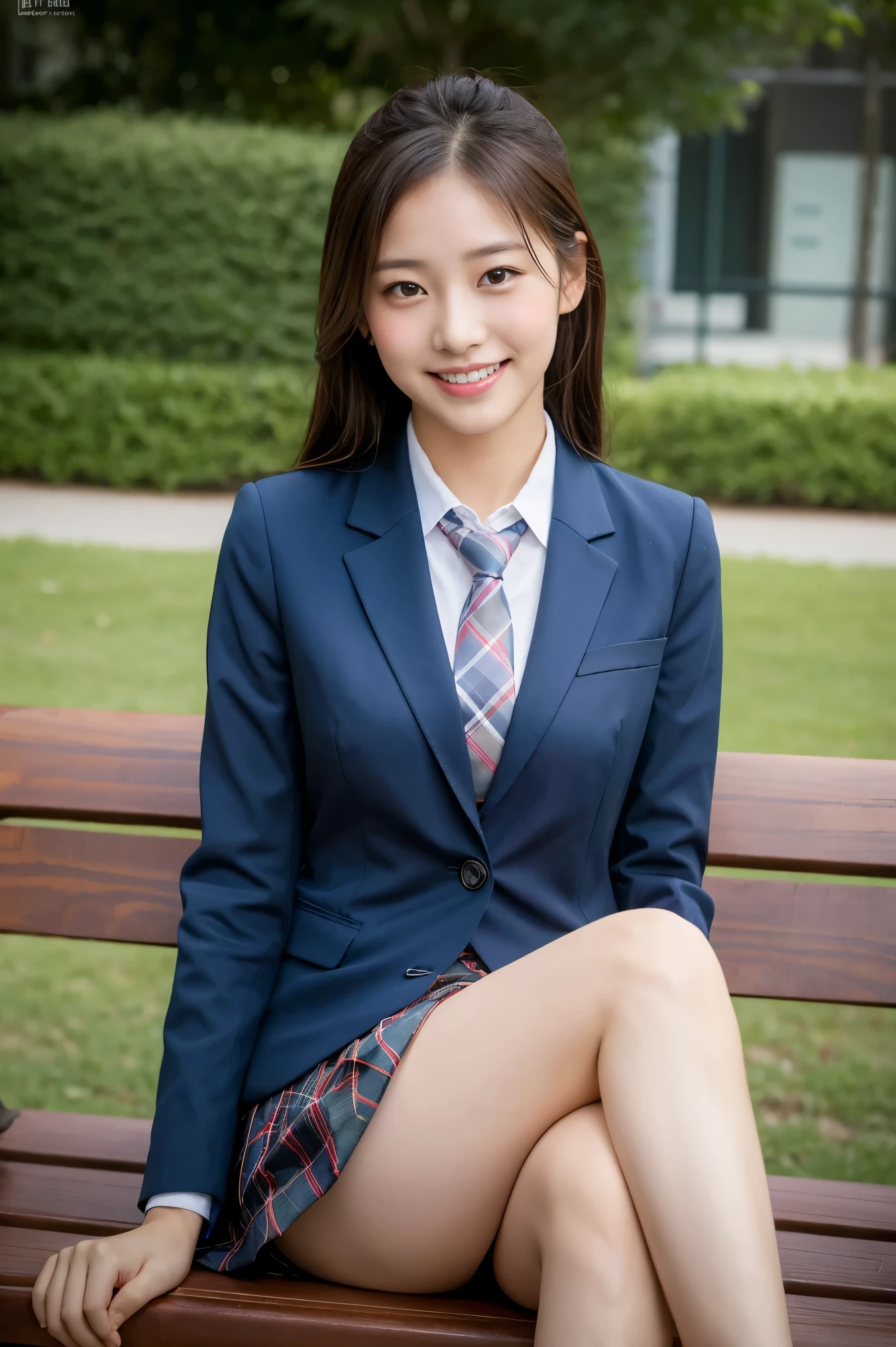 (8K), (highest quality: 1.2), (Realistic), (Realistic: 1.37), Ultra-high resolution, 1 girl, cute, (Embarrassed smile:1.2), (Blushing:1.4),Mouth closed, Beautiful details, Beautiful Nose, Wet Hair, giant dulcefo, pork, Thighs,Navel exposed,University Student Uniform,A simple blazer,Pleated skirt,(The skirt and tie are tartan check pattern.:1.3),Platform boots, (sitting on a park bench:1.2),(Shiny Thighs:1.2), medium shot